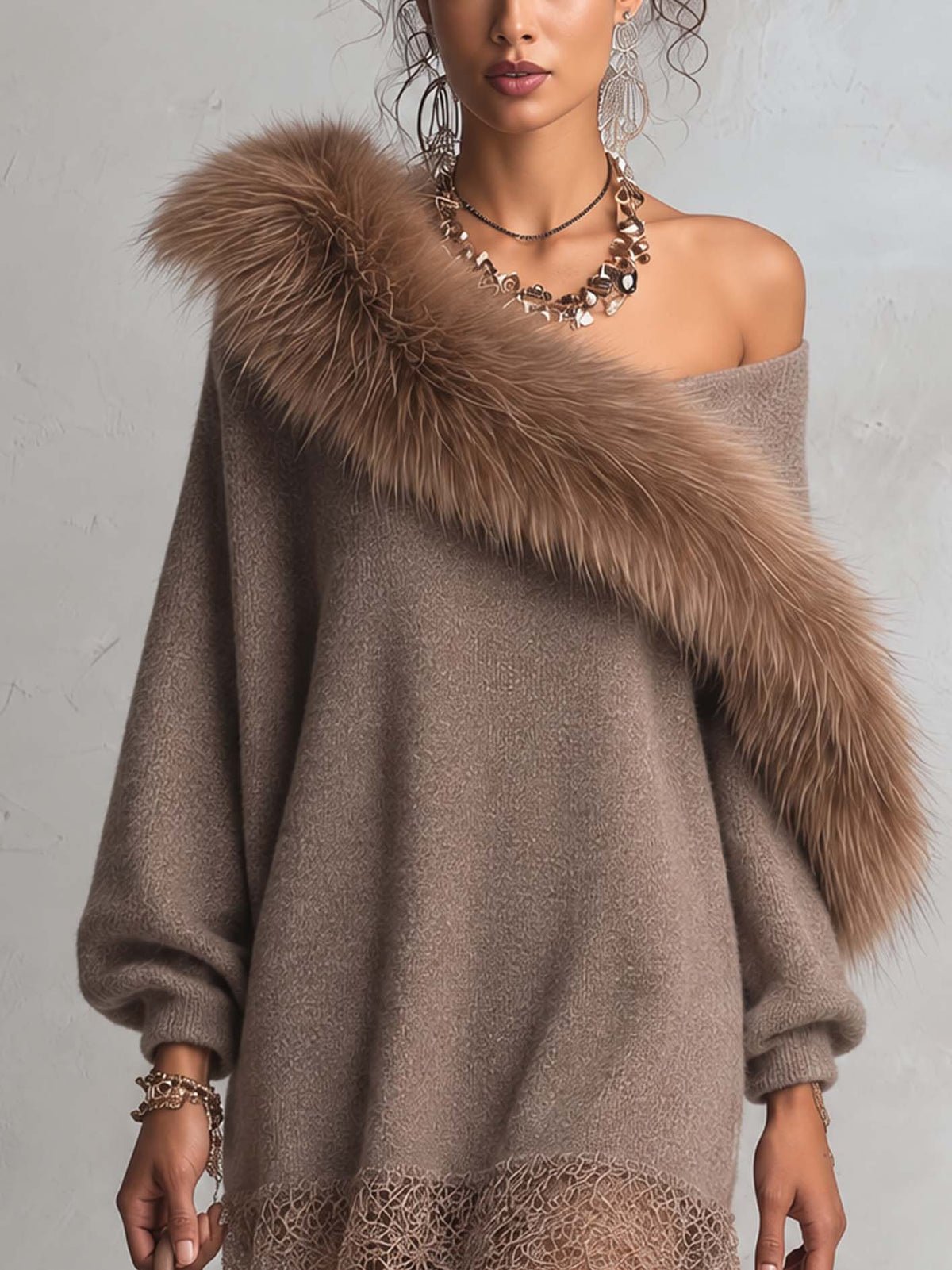 Taupe Knit Mini Jumper Dress Set with Detachable Faux Fur Collar and Lace Hem