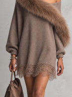 Taupe Knit Mini Jumper Dress Set with Detachable Faux Fur Collar and Lace Hem