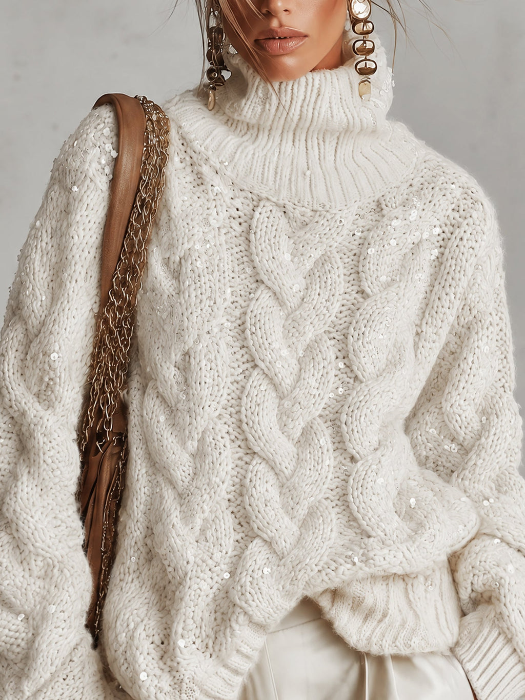 Cream Sequin Cable Knit Oversized Roll Neck Jumper