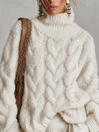 Cream Sequin Cable Knit Oversized Roll Neck Jumper