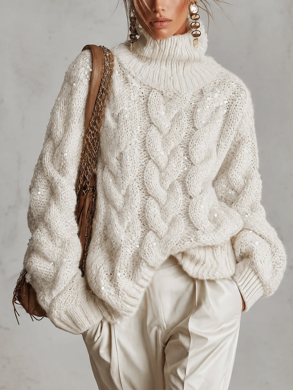 Cream Sequin Cable Knit Oversized Roll Neck Jumper