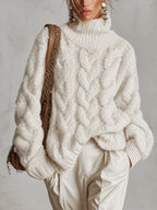 Cream Sequin Cable Knit Oversized Roll Neck Jumper