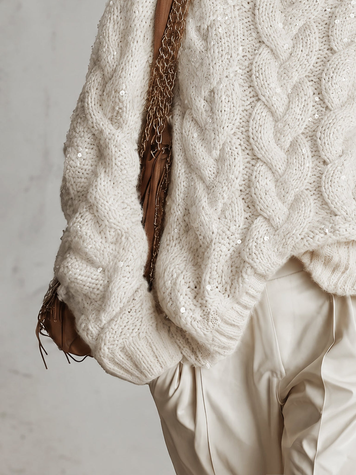 Cream Sequin Cable Knit Oversized Roll Neck Jumper