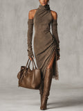 Brown Cold Shoulder Roll Neck Faux Suede Midi Dress