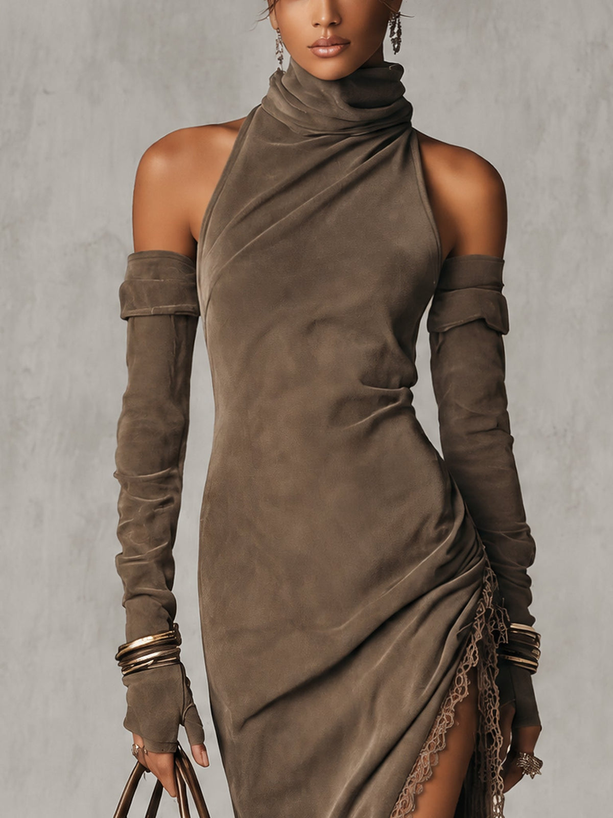 Brown Cold Shoulder Roll Neck Faux Suede Midi Dress