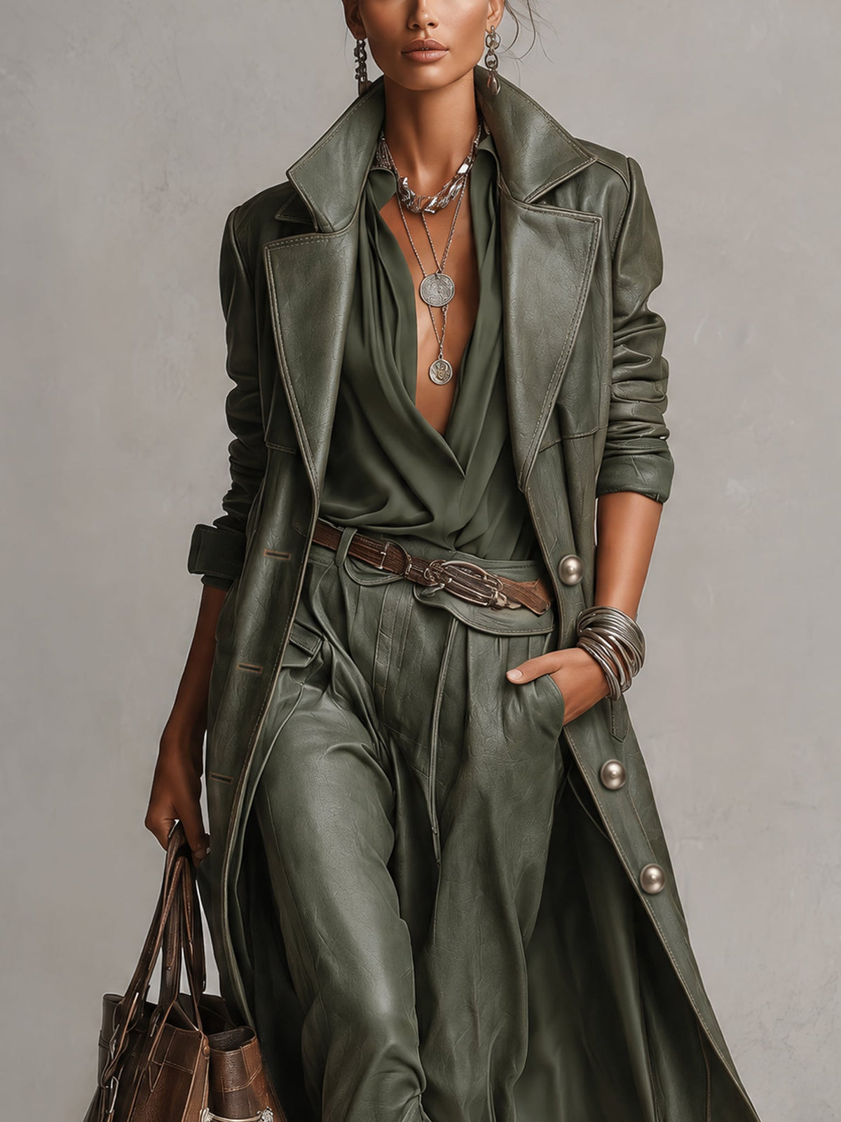 Green Single Breasted PU Leather Long Coat