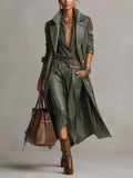 Green Single Breasted PU Leather Long Coat