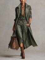 Green Single Breasted PU Leather Long Coat