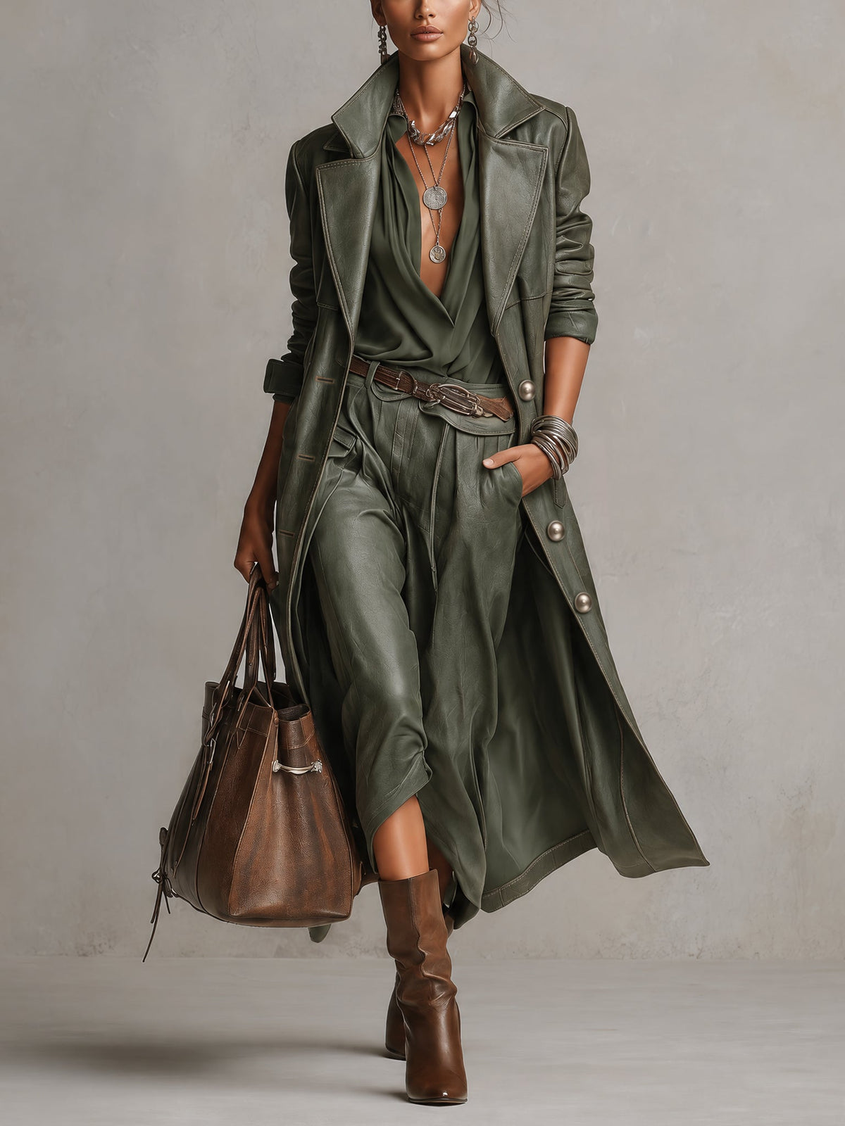 Green Single Breasted PU Leather Long Coat
