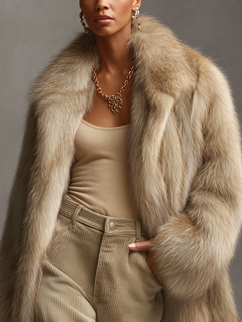 Khaki Gradient Faux Fox Fur Coat