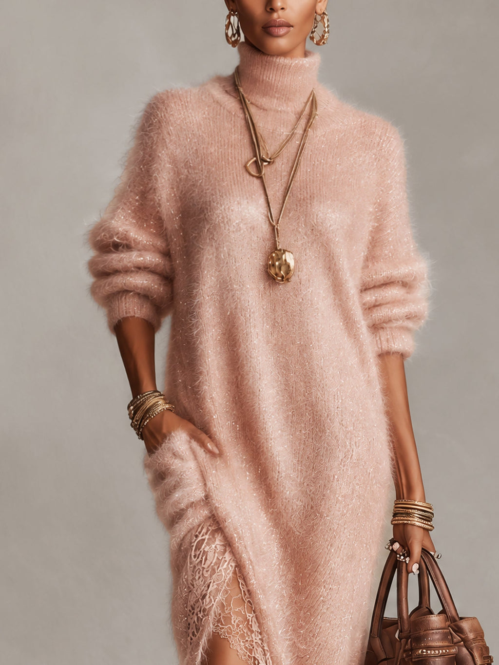 Pink Oversized Shimmer Knit Split Midi Dress