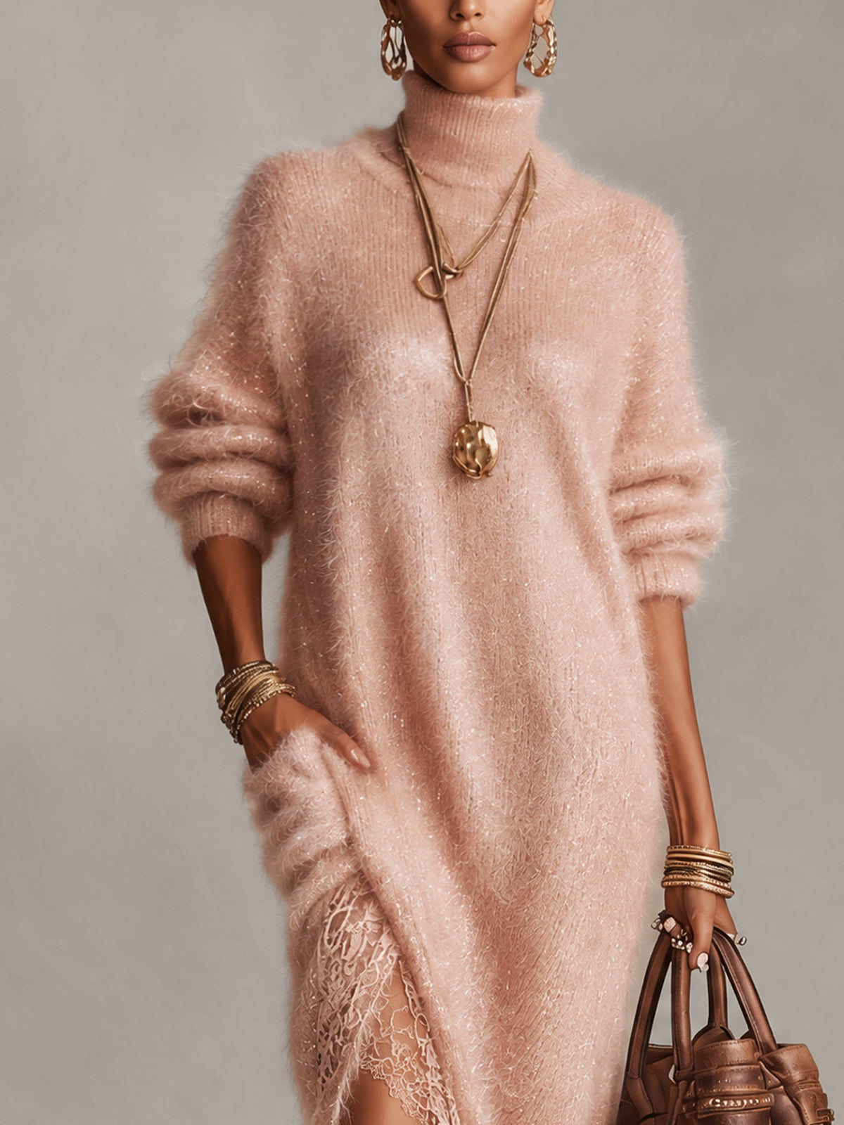 Pink Oversized Shimmer Knit Split Midi Dress