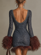 Slate Blue Sequin Deep V-Neck Long Sleeve Brown Feather Trim Bodycon Mini Dress