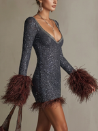 Slate Blue Sequin Deep V-Neck Long Sleeve Brown Feather Trim Bodycon Mini Dress