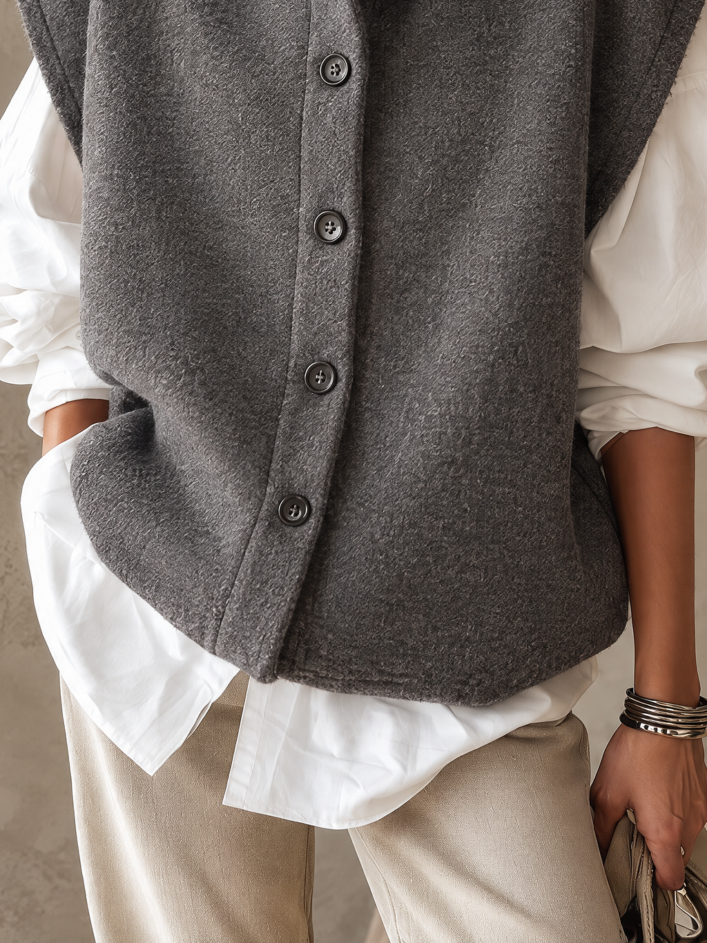 Dark Grey Stand Collar Waistcoat and White Drop Shoulder Shirt Two Piece Set