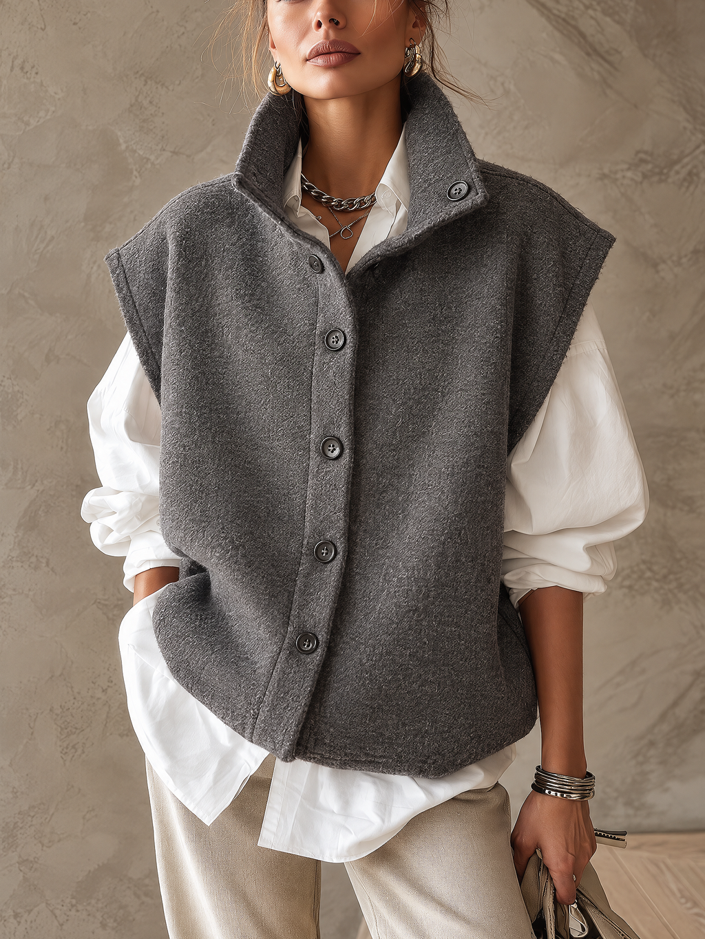 Dark Grey Stand Collar Waistcoat and White Drop Shoulder Shirt Two Piece Set
