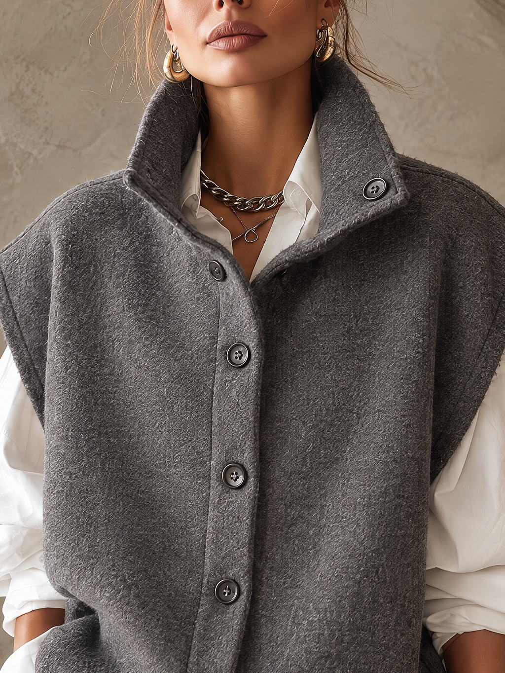 Dark Grey Stand Collar Waistcoat and White Drop Shoulder Shirt Two Piece Set