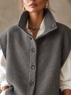 Dark Grey Stand Collar Waistcoat and White Drop Shoulder Shirt Two Piece Set