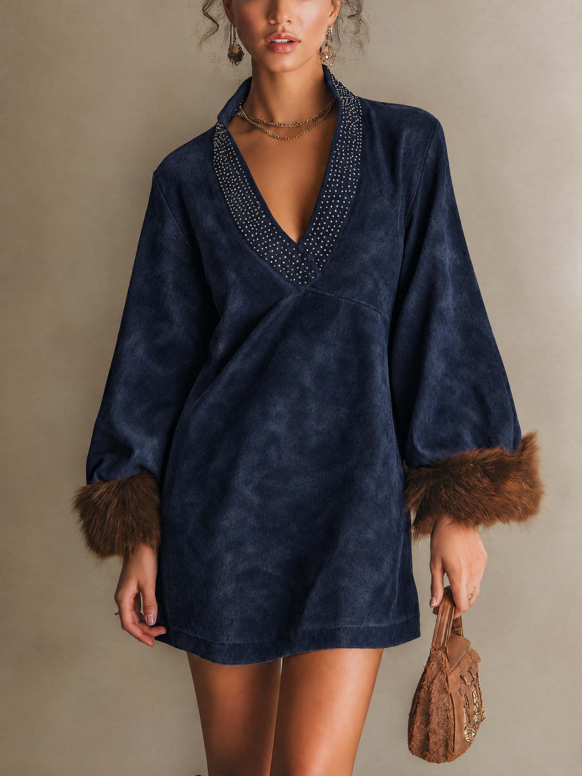 Navy Faux Suede V-Neck Rhinestone Collar and Fur Cuffs Mini Dress