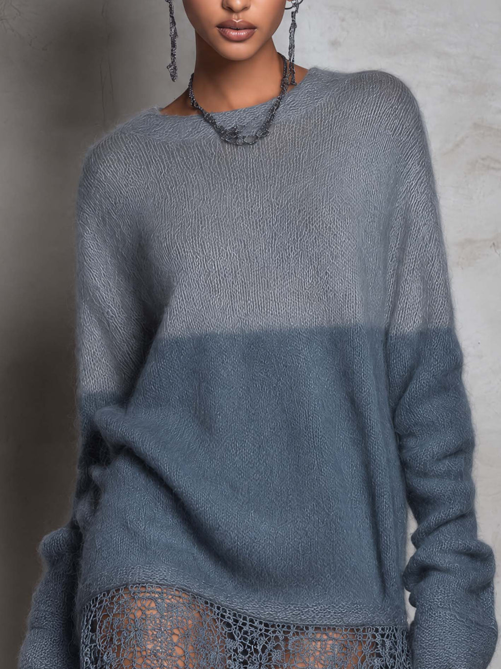 Grey and Slate Blue Colour-block Mohair Knit Mini Dress with Crochet Lace Hem