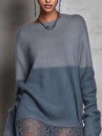 Grey and Slate Blue Colour-block Mohair Knit Mini Dress with Crochet Lace Hem