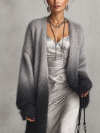 Grey to Black Ombre Fuzzy Mohair Cardigan with Lace Trim Hem