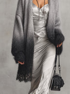 Grey to Black Ombre Fuzzy Mohair Cardigan with Lace Trim Hem