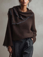Dark Chocolate Mohair Jumper with Draped Scarf Neck and Contrast Lace Trim
