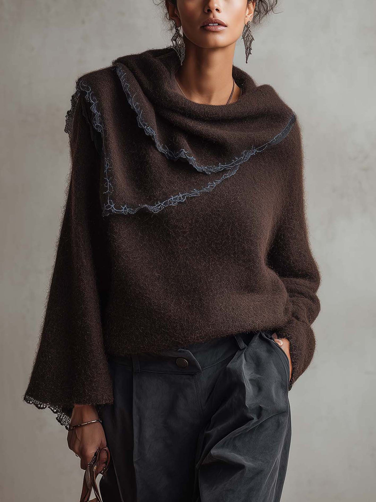 Dark Chocolate Mohair Jumper with Draped Scarf Neck and Contrast Lace Trim
