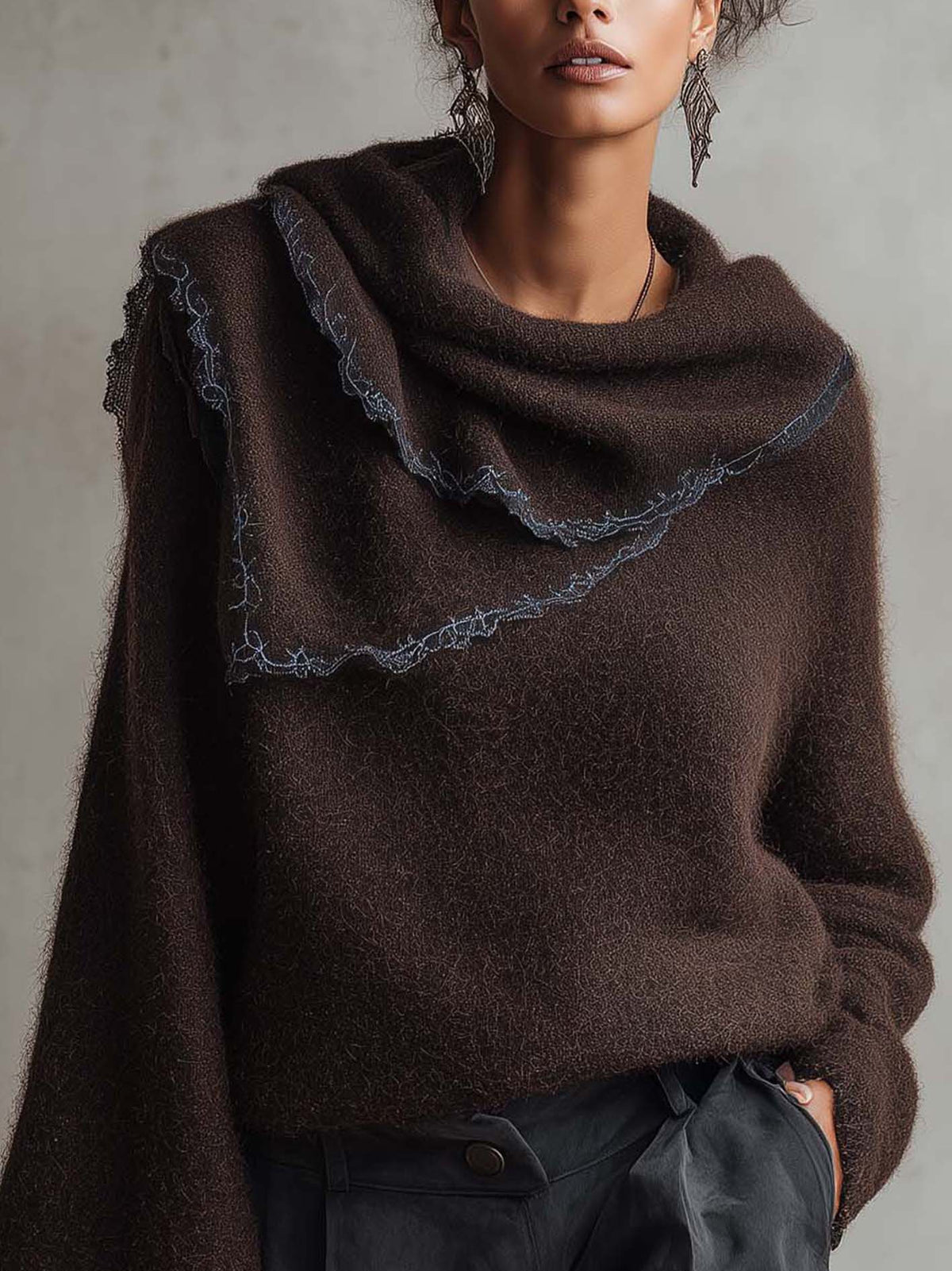 Dark Chocolate Mohair Jumper with Draped Scarf Neck and Contrast Lace Trim