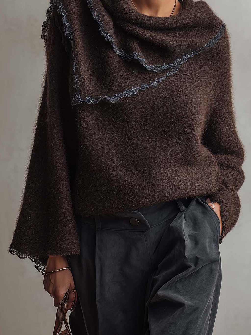 Dark Chocolate Mohair Jumper with Draped Scarf Neck and Contrast Lace Trim