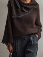 Dark Chocolate Mohair Jumper with Draped Scarf Neck and Contrast Lace Trim