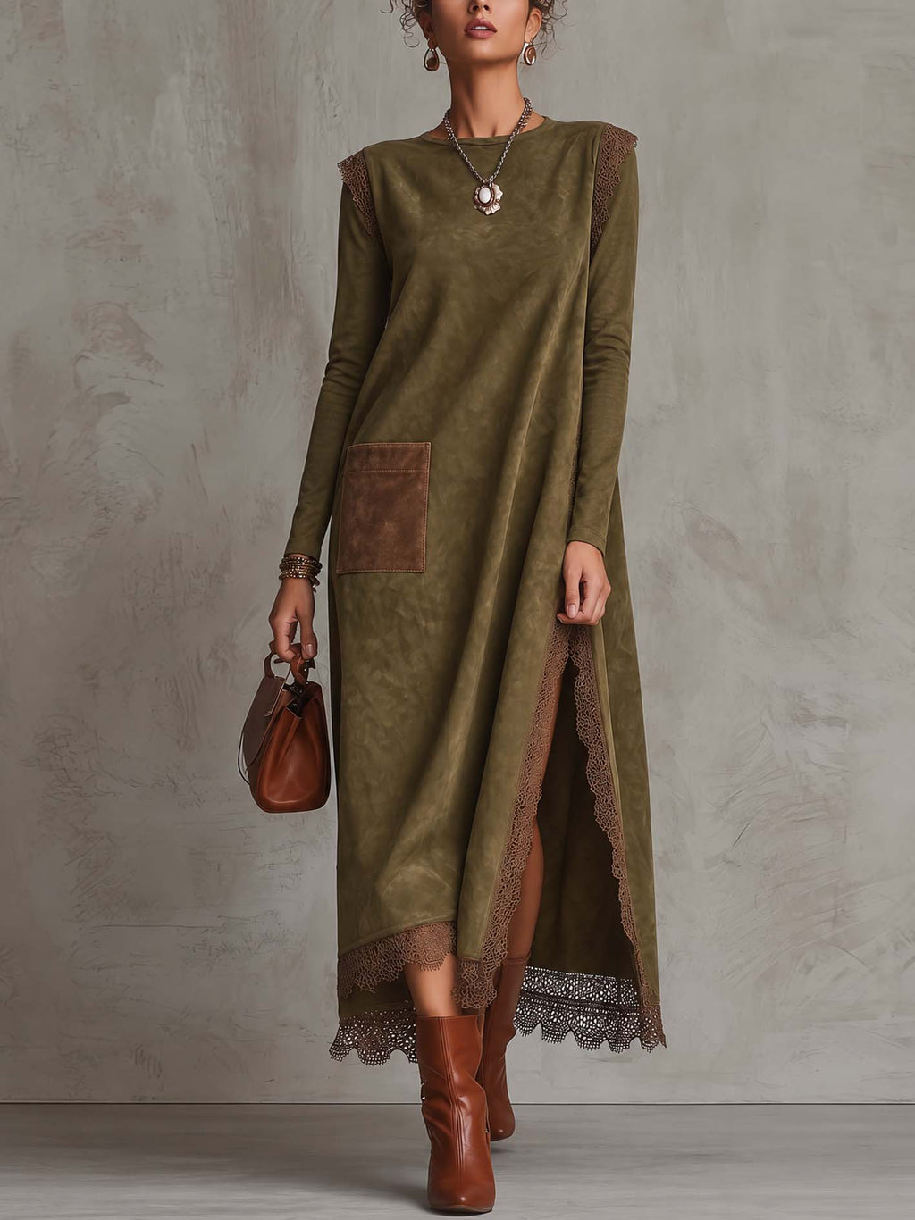 Olive Faux Suede Maxi Dress with Lace Trim and Contrast Suede Pocket