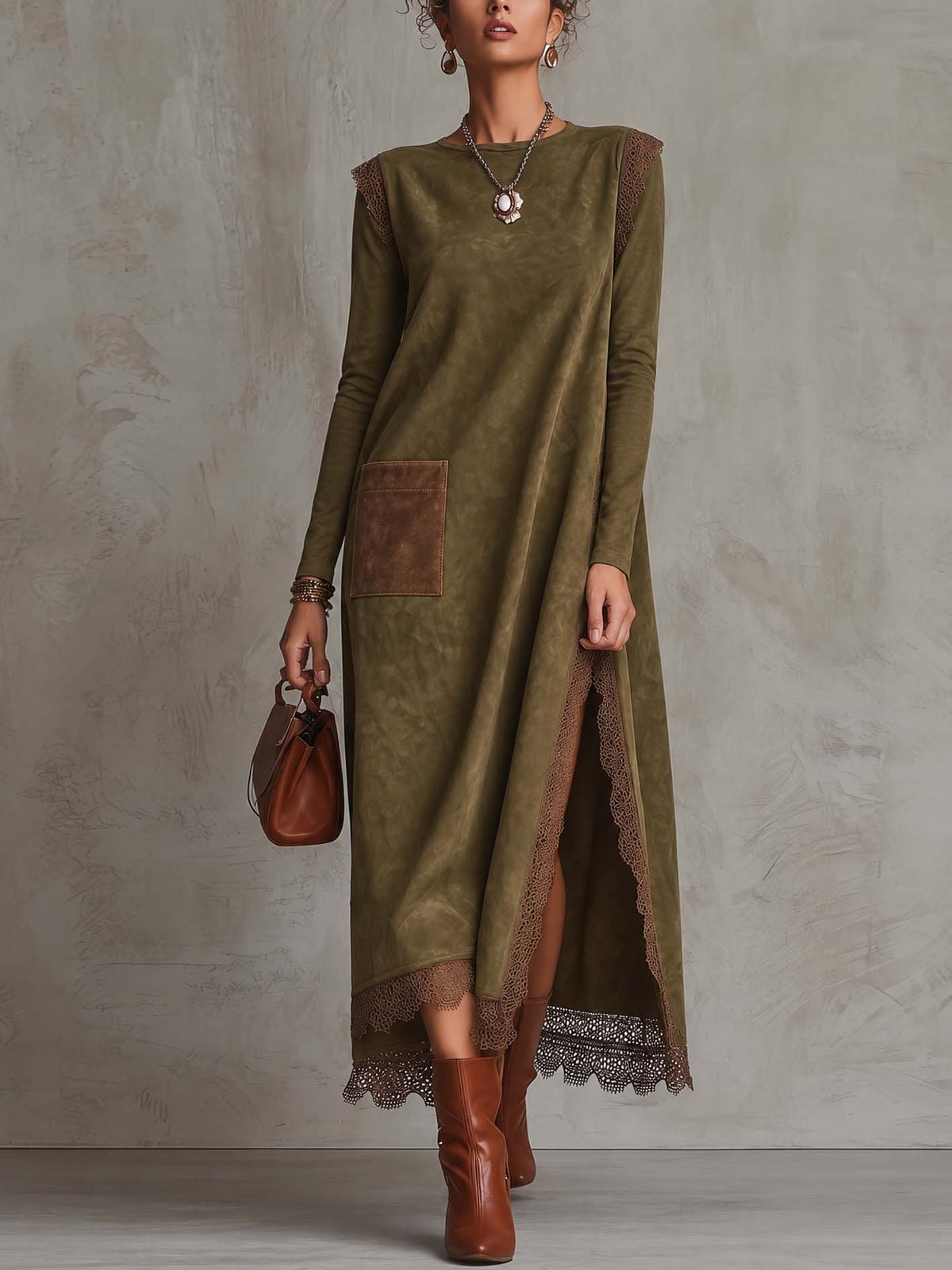 Olive Faux Suede Maxi Dress with Lace Trim and Contrast Suede Pocket