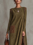 Olive Faux Suede Maxi Dress with Lace Trim and Contrast Suede Pocket