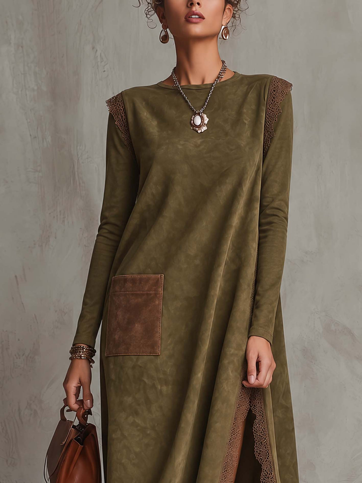Olive Faux Suede Maxi Dress with Lace Trim and Contrast Suede Pocket