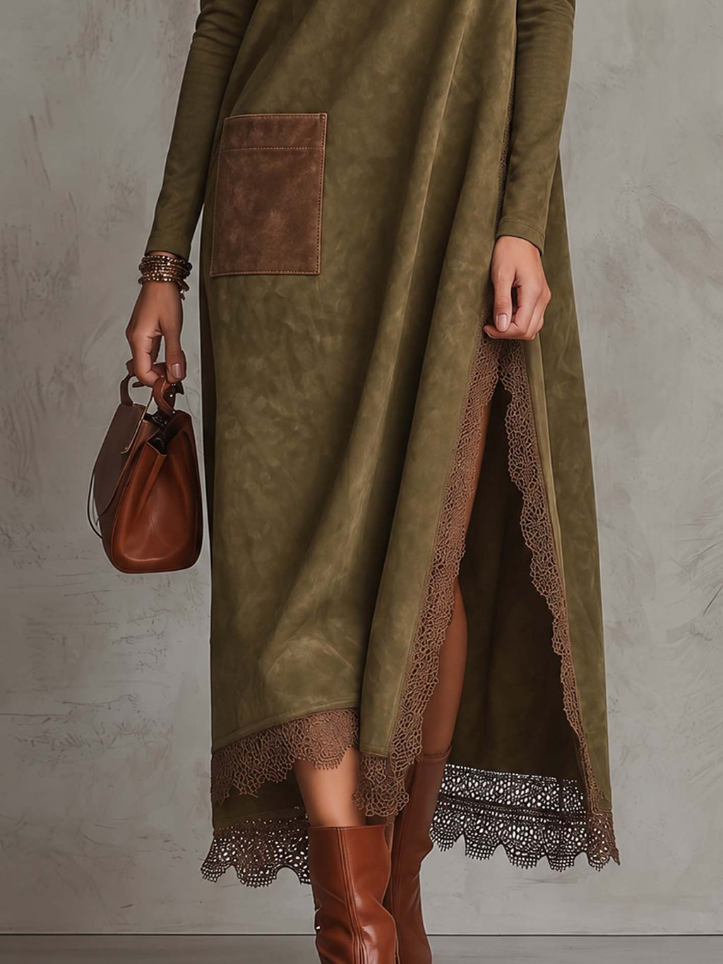 Olive Faux Suede Maxi Dress with Lace Trim and Contrast Suede Pocket