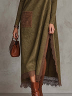 Olive Faux Suede Maxi Dress with Lace Trim and Contrast Suede Pocket