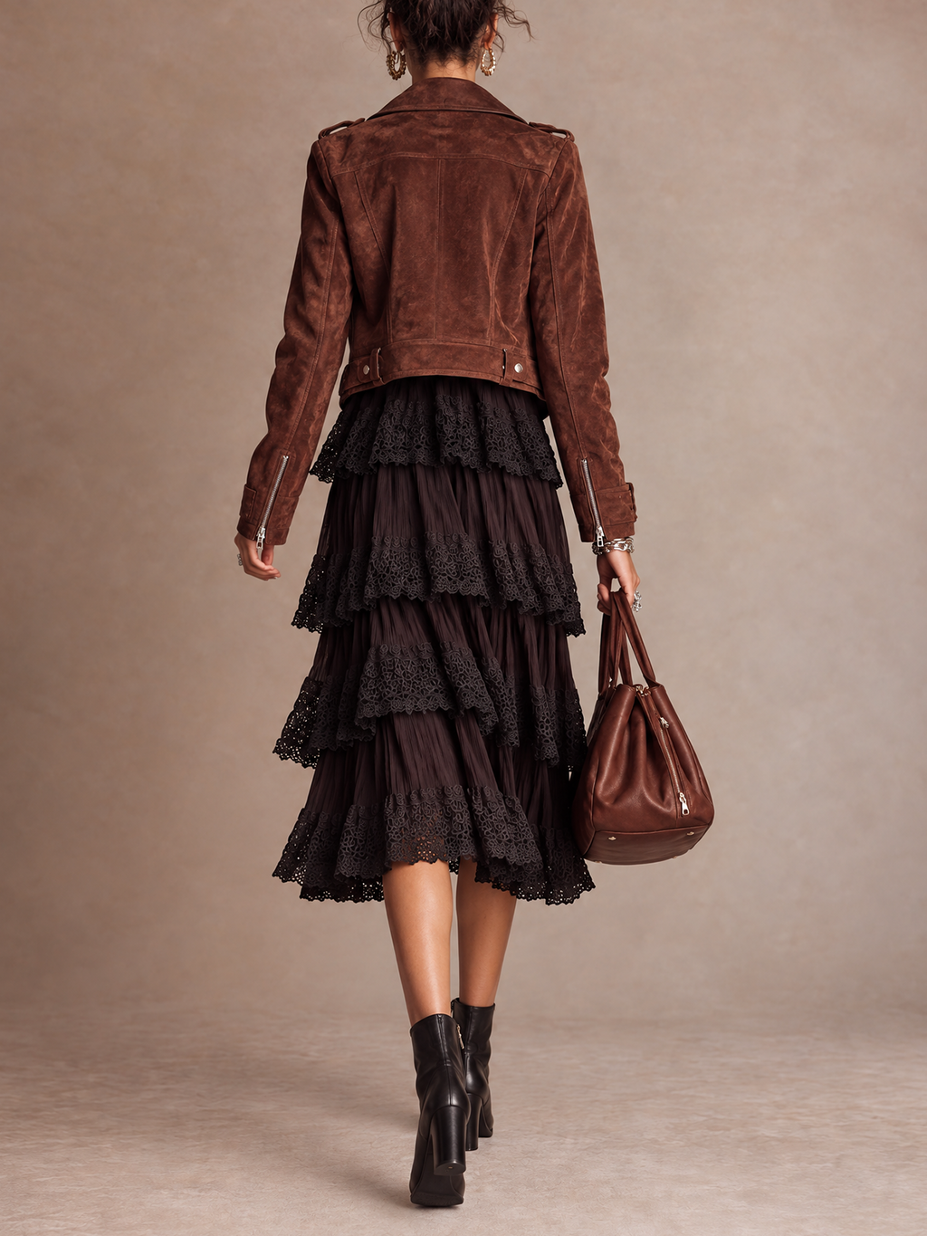 Dark Brown Lace Tiered Slip Midi Dress with Cropped Suede Moto Jacket Set