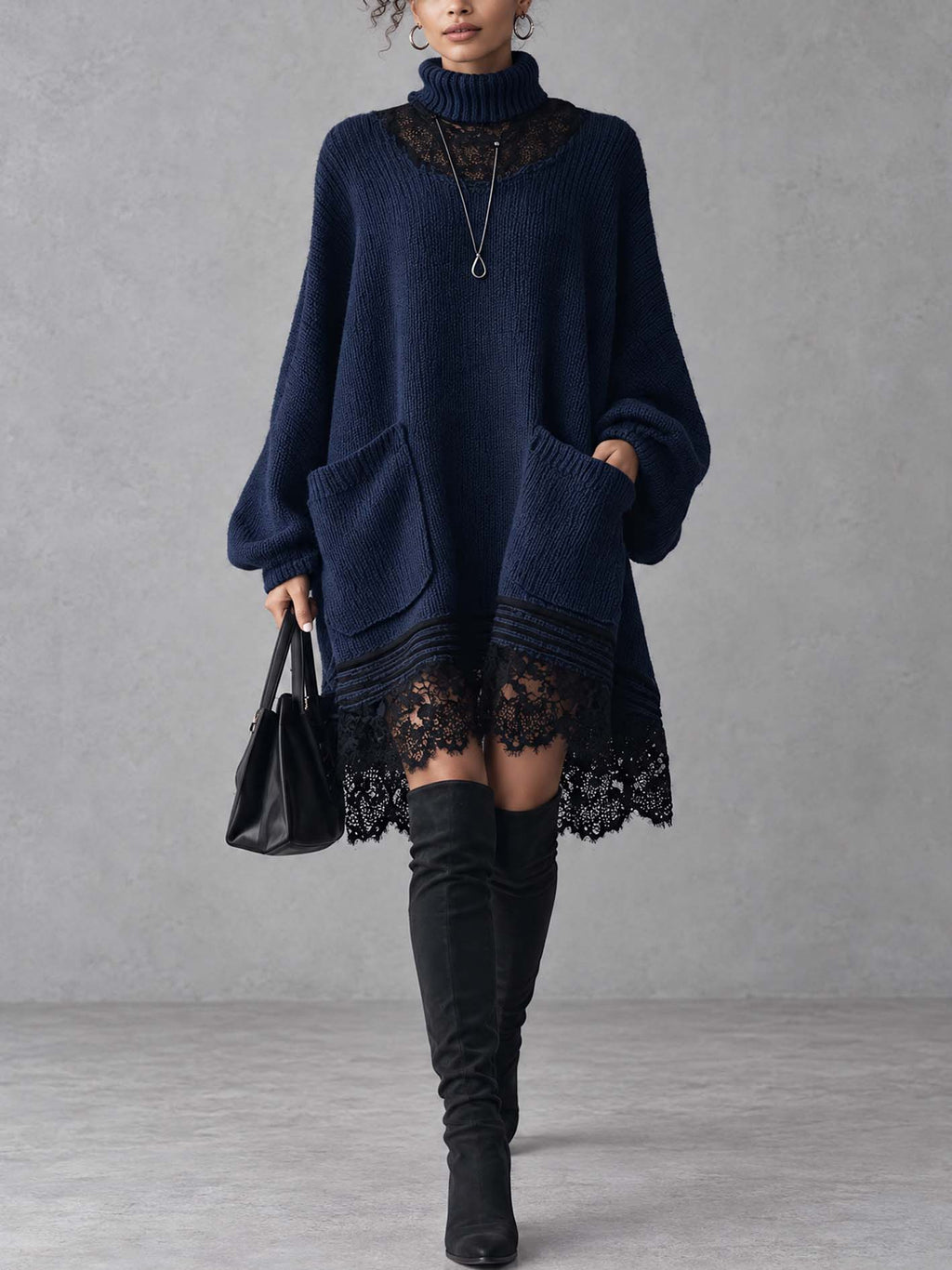 Navy Oversized Knit Mini Dress with Black Lace Patchwork Yoke and Hem