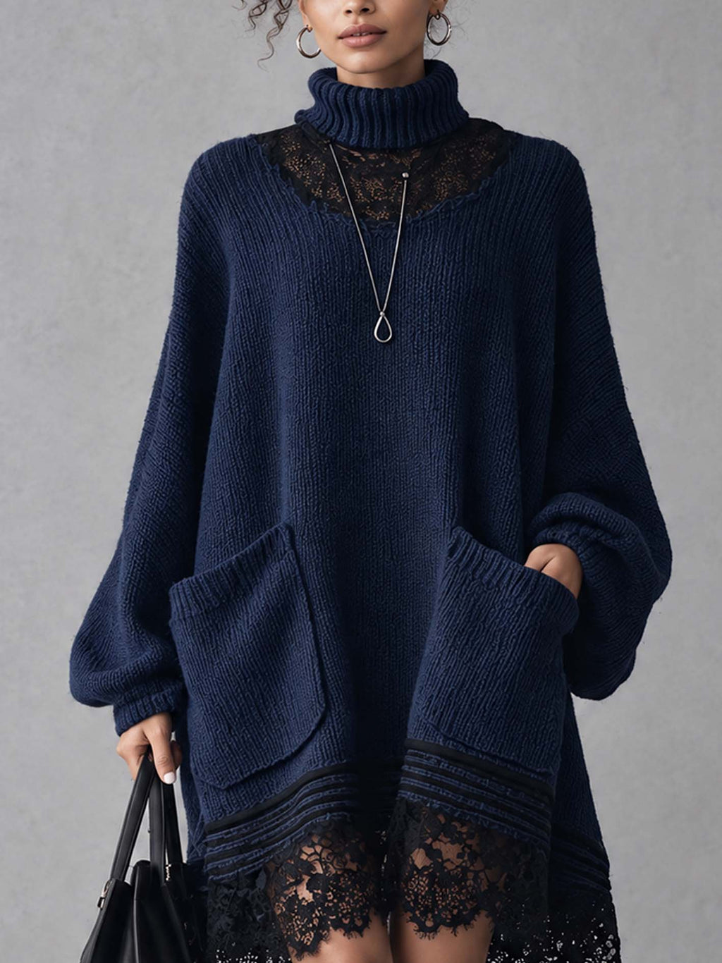 Navy Oversized Knit Mini Dress with Black Lace Patchwork Yoke and Hem