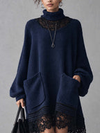 Navy Oversized Knit Mini Dress with Black Lace Patchwork Yoke and Hem