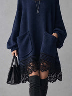 Navy Oversized Knit Mini Dress with Black Lace Patchwork Yoke and Hem