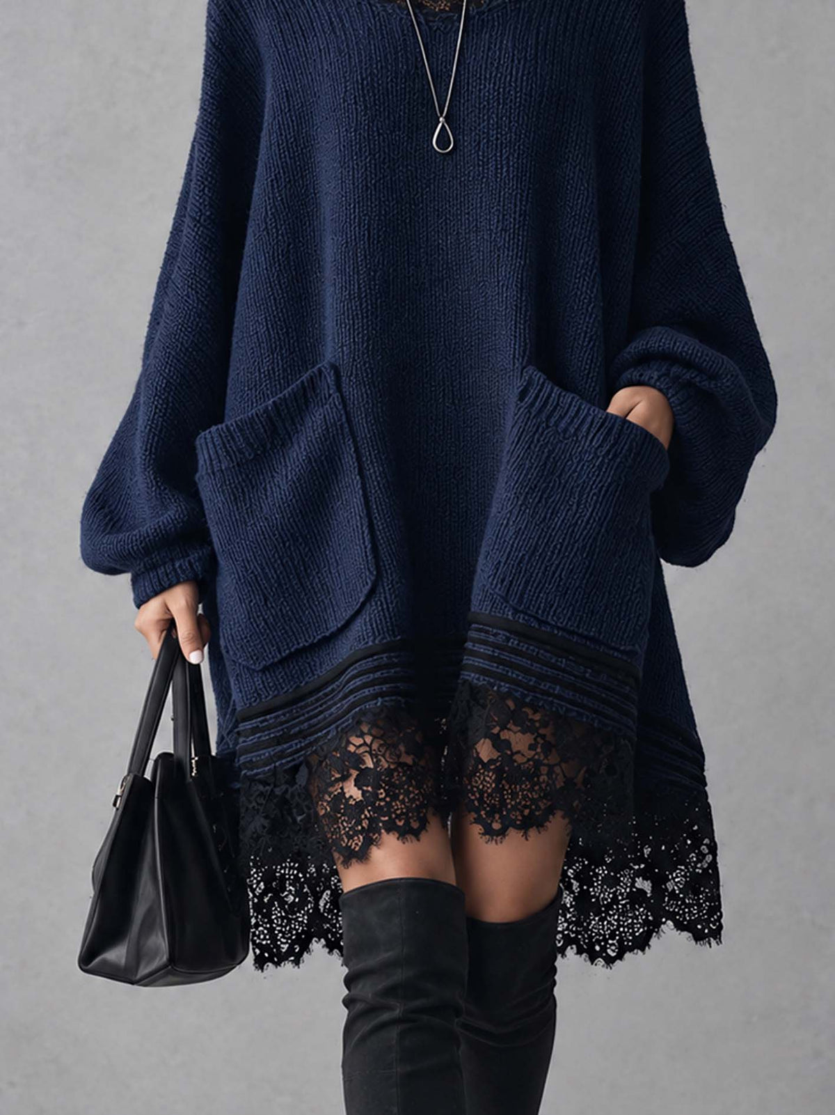 Navy Oversized Knit Mini Dress with Black Lace Patchwork Yoke and Hem