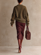 Olive Green Chunky Knit Cardigan and Burgundy Jacquard Midi Skirt Two Piece Set