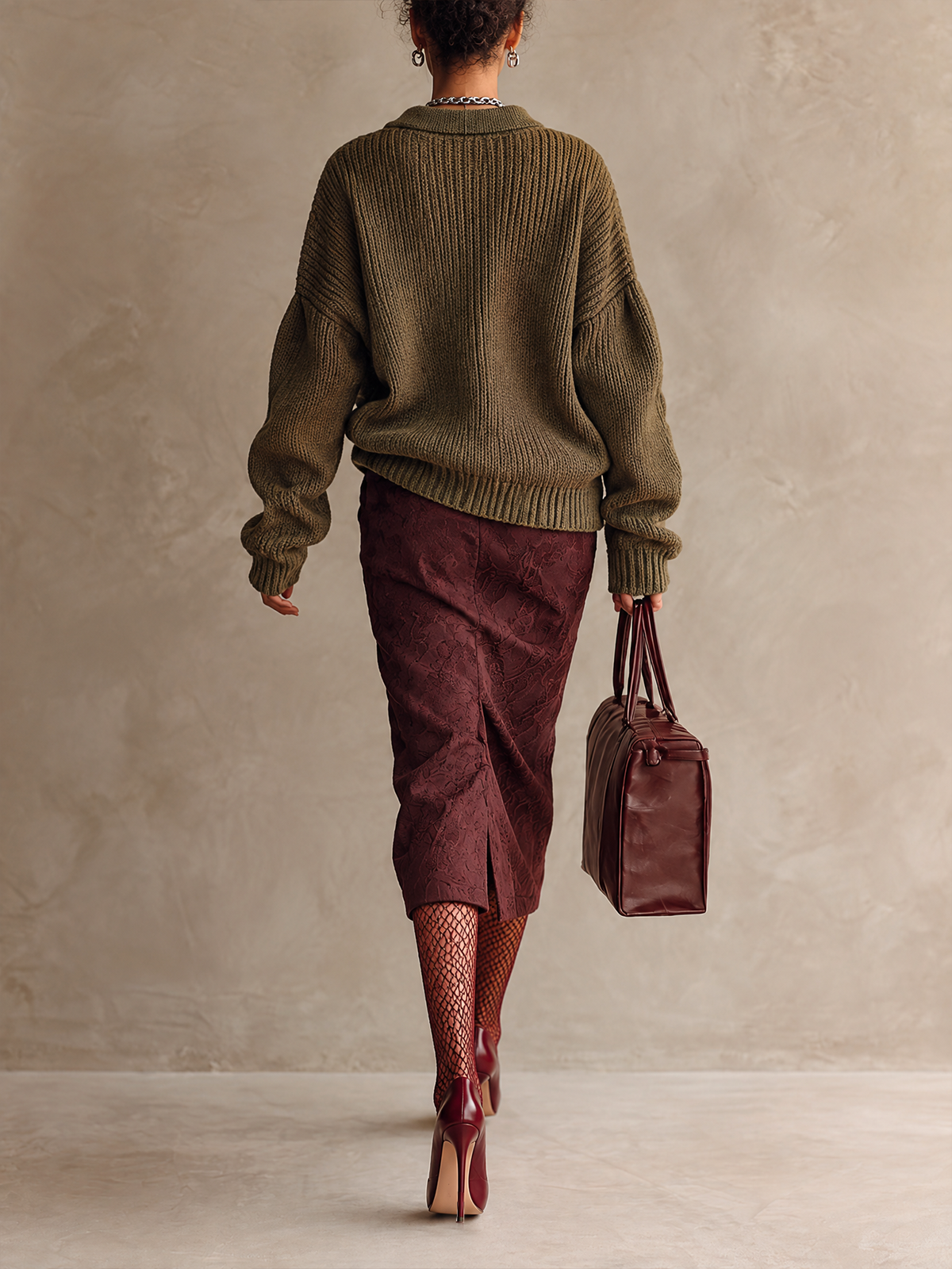 Olive Green Chunky Knit Cardigan and Burgundy Jacquard Midi Skirt Two Piece Set