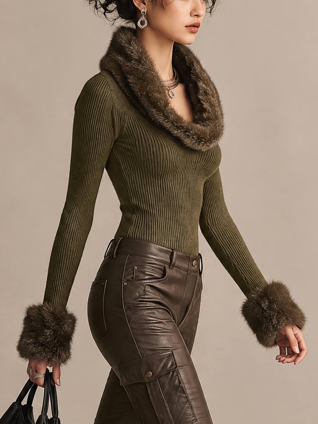 Olive Green Ribbed Knit Faux Fur Collar and Cuffs Top