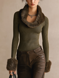 Olive Green Ribbed Knit Faux Fur Collar and Cuffs Top