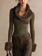 Olive Green Ribbed Knit Faux Fur Collar and Cuffs Top