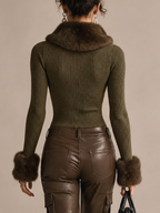 Olive Green Ribbed Knit Faux Fur Collar and Cuffs Top